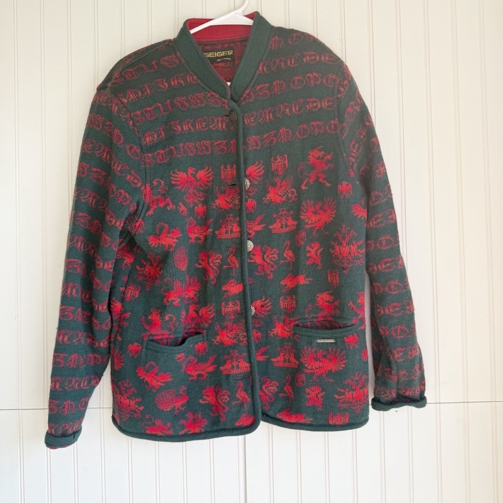 GEIGER Size L Vintage Green and Red Heraldic Print Boiled Wool Cardigan Jacket